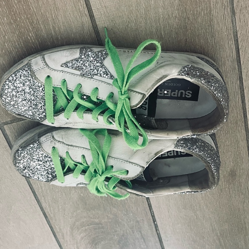 Golden Goose Silver and Green Sparkle Sneakers - Picture 6 of 7